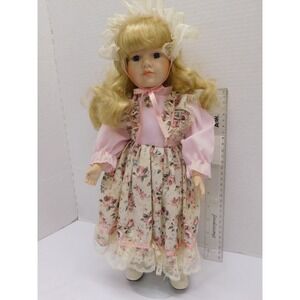Unmarked Porcelain Doll 16" Blonde Blue Eyes Pink Floral Dress